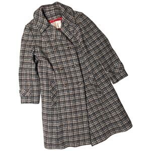 Vtg 1970s Pendleton Brown Ivory Houndstooth Tweed Double Breasted Wool Coat M